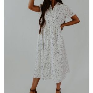 White Spotted Shirt Collar Midi Dress